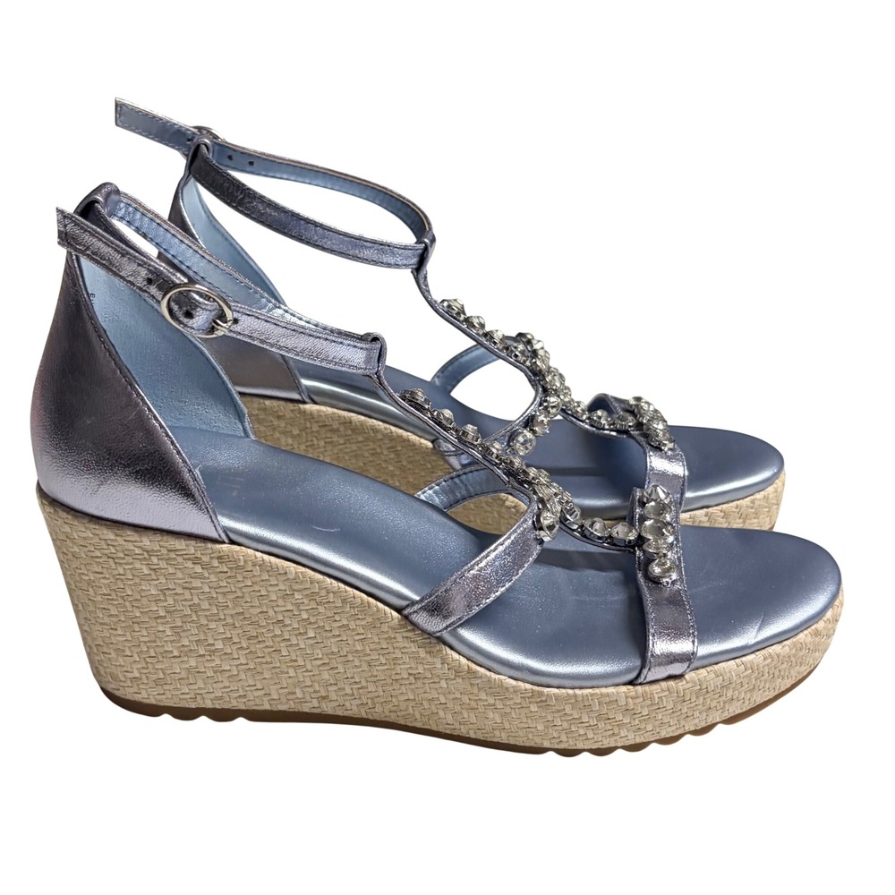 Naturalizer Serena Metallic Blue Leather Rhinestone Wedge Sandals 8W Espadrille